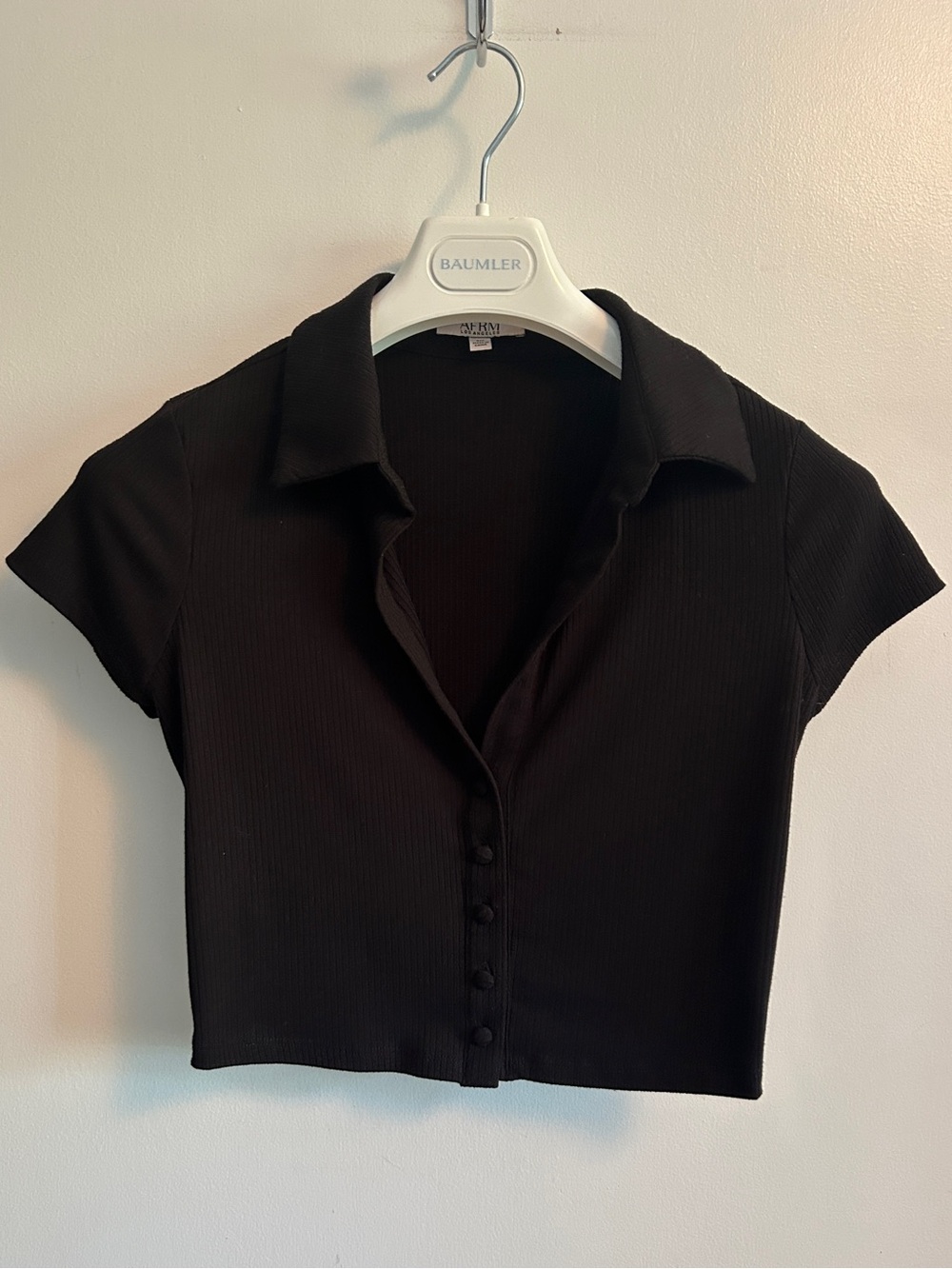 AFRM Black Ribbed Button-Front Crop Polo - Picture 3 of 7